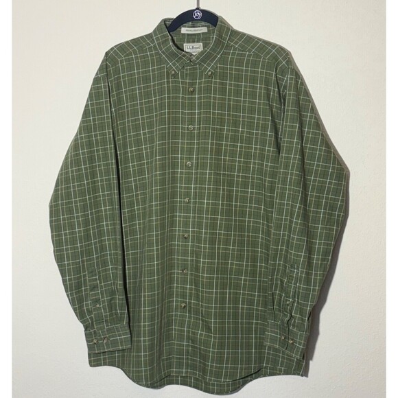 LL‎ Bean Shirt Mens Lrg Tall Green Wrinkle Resistant Plaid Long Sleeve Preppy - Picture 1 of 8